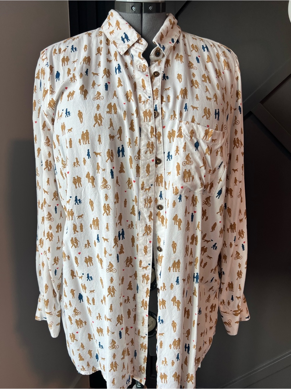 White Long-Sleeve Button-Up Shirt with Mini Figure Print